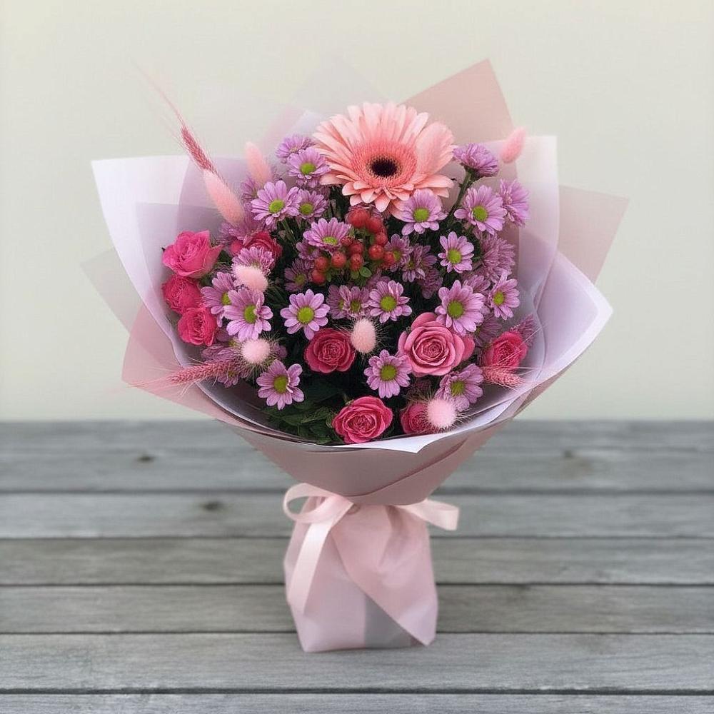 Букет цветов из: Розы, Герберы и Хризантемы в Красновишерске