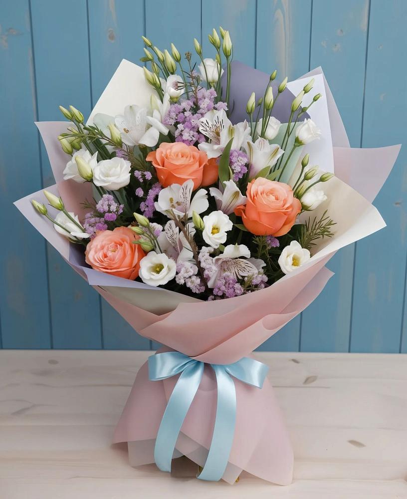 Букет цветов из: Лизиантусы, Розы, Альстромерии и Гипсофила в Красновишерске