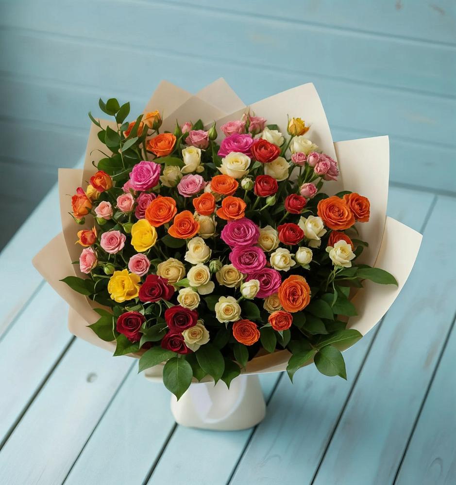 Букет Микс из разноцветных кустовых роз в Красновишерске