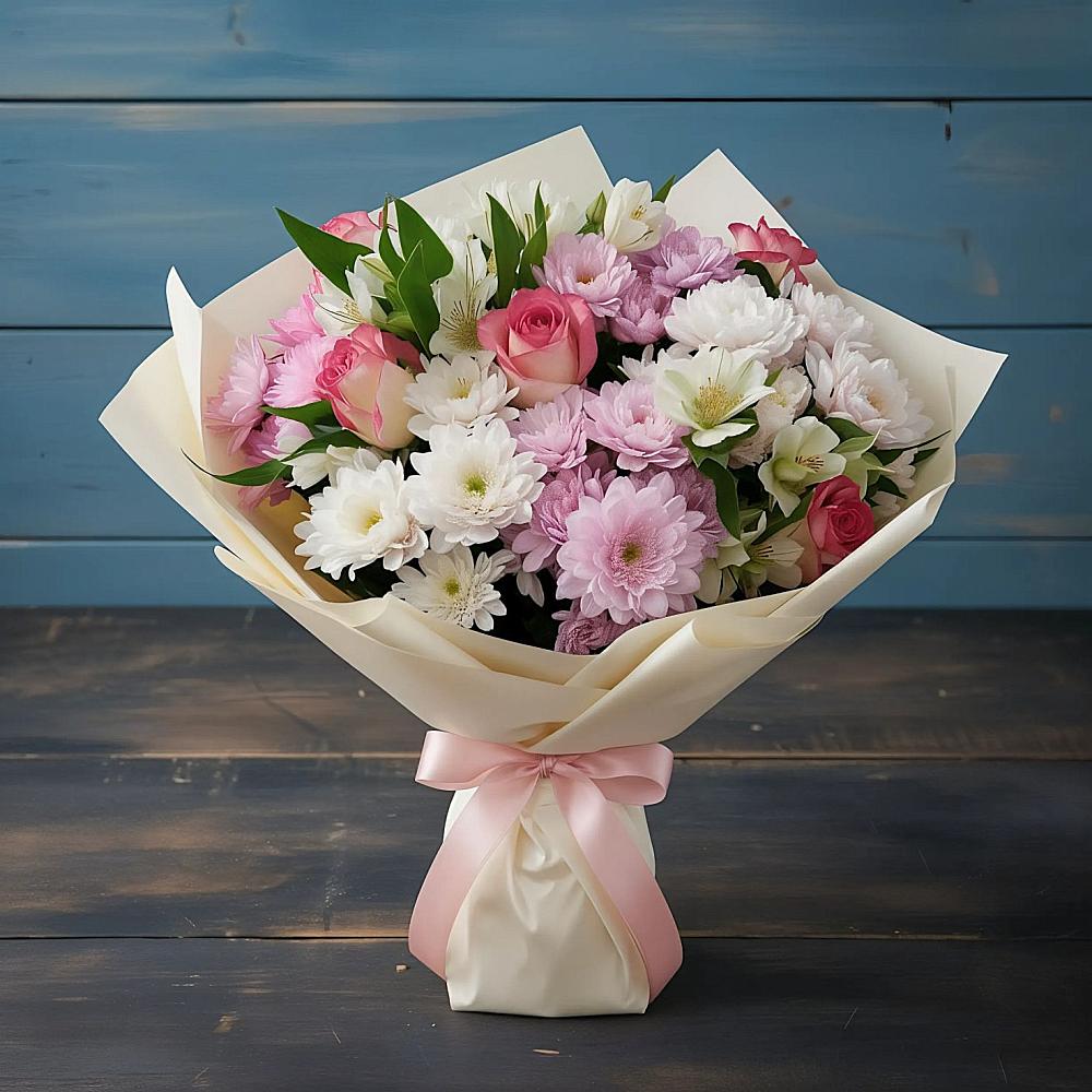 Букет цветов из: Хризантемы, Альстромерии и Розы в Красновишерске